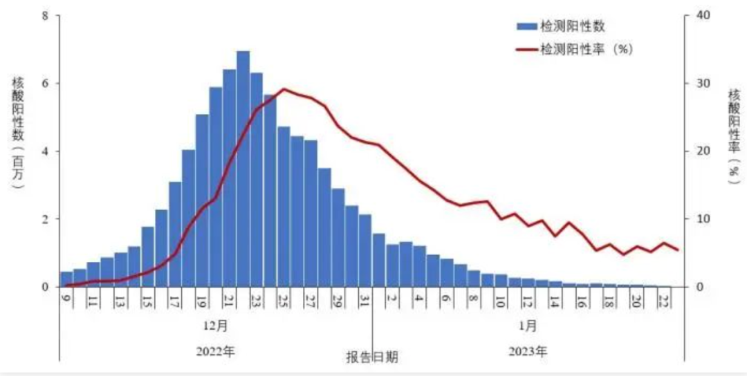 全国报告人群新型冠状病毒核酸检测阳性数及阳性率变化趋势