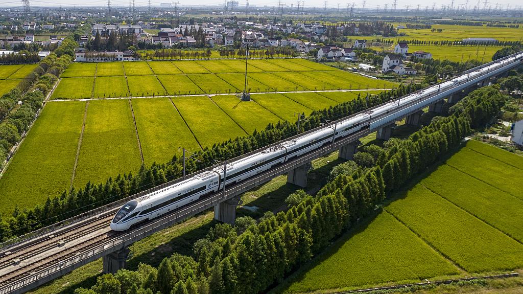 列车飞速驰骋在沪杭高铁上海松江段. 视觉中国 资料图