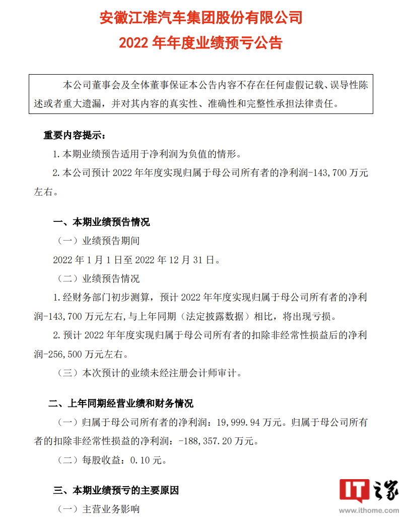 江淮汽车：预计2022年净亏损14.37亿元