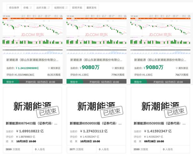 （新潮能源股票拍卖情况；截自 拍卖网站；上图：京东拍卖；下图：阿里拍卖）