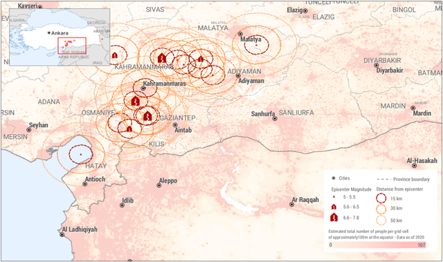 土耳其震区人口密度和震中分布图资料来源:联合国ocha