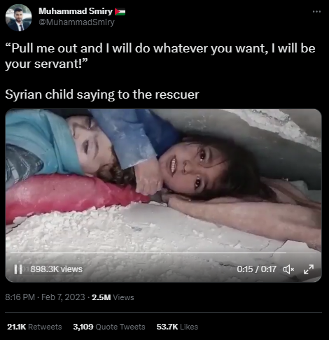 部分推特账号也指出小女孩对救援人员说了“愿做仆人”的言论