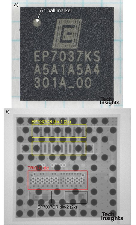 图4安普沃尔EP7037C集成稳压器a）翻转芯片球形栅格阵列封装b）封装的x光片
