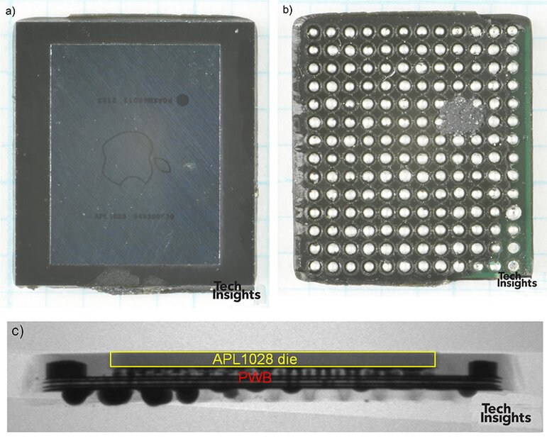 图1倒装芯片球栅阵列封装的苹果APL1028集成稳压器：a）俯视图b）仰视图c）突出显示芯片的侧视x光片