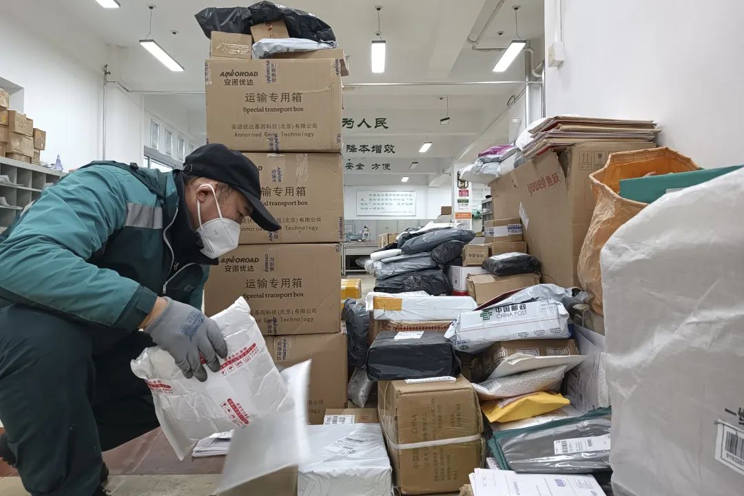 中国邮政集团有限公司长春市分公司,邮递员在揽收快递.新华社发