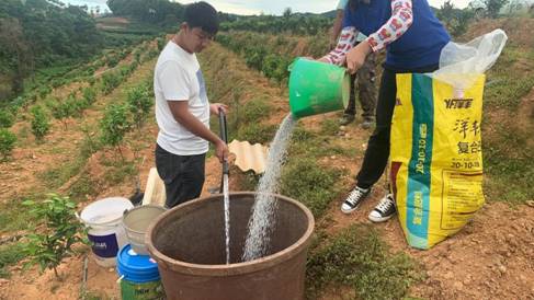 云南省红河州建水县利民乡，新洋丰农艺师起世芹（右）正在指导种植户进行柑橘苗期肥效管理