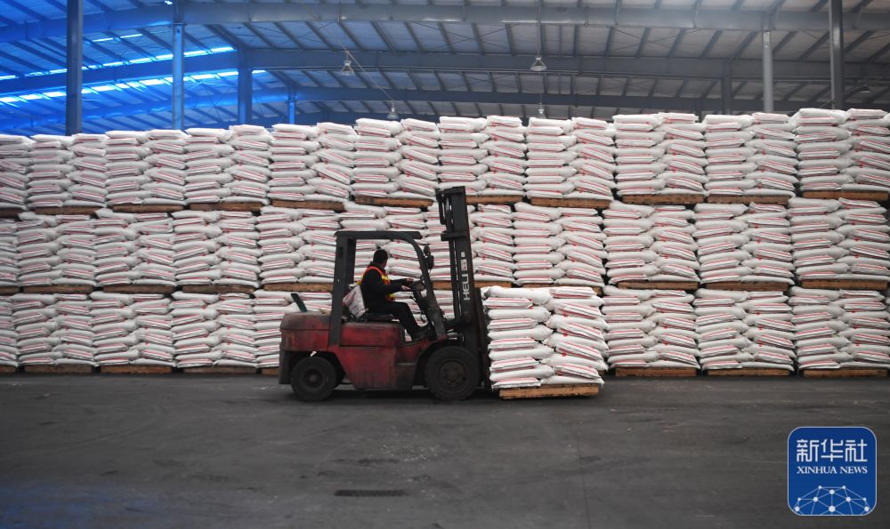 　　↑2月8日，在位于河南省商丘市宁陵县的嘉施利（宁陵）化肥有限公司，工作人员在装运化肥。新华社记者 张浩然 摄