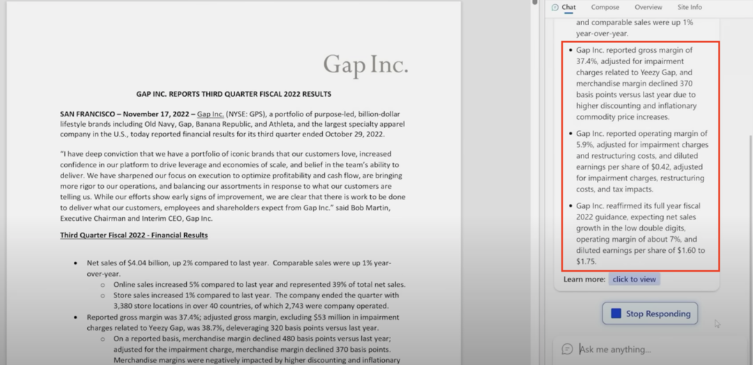 图 5 New Bing 对 Gap 2022 年第三季度财报的摘要