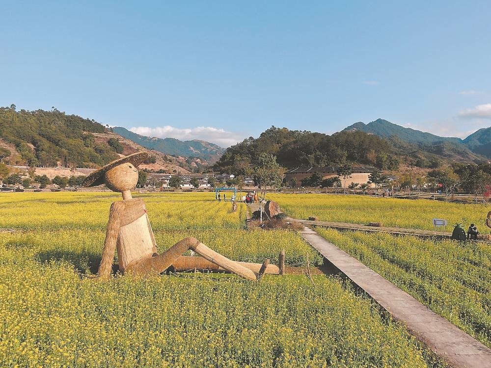 巨型稻草人与油菜花海相映成趣.杨小锋 摄