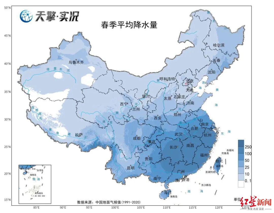 ▲全国春季平均降水量图（单位：毫米）来源/中国气象局