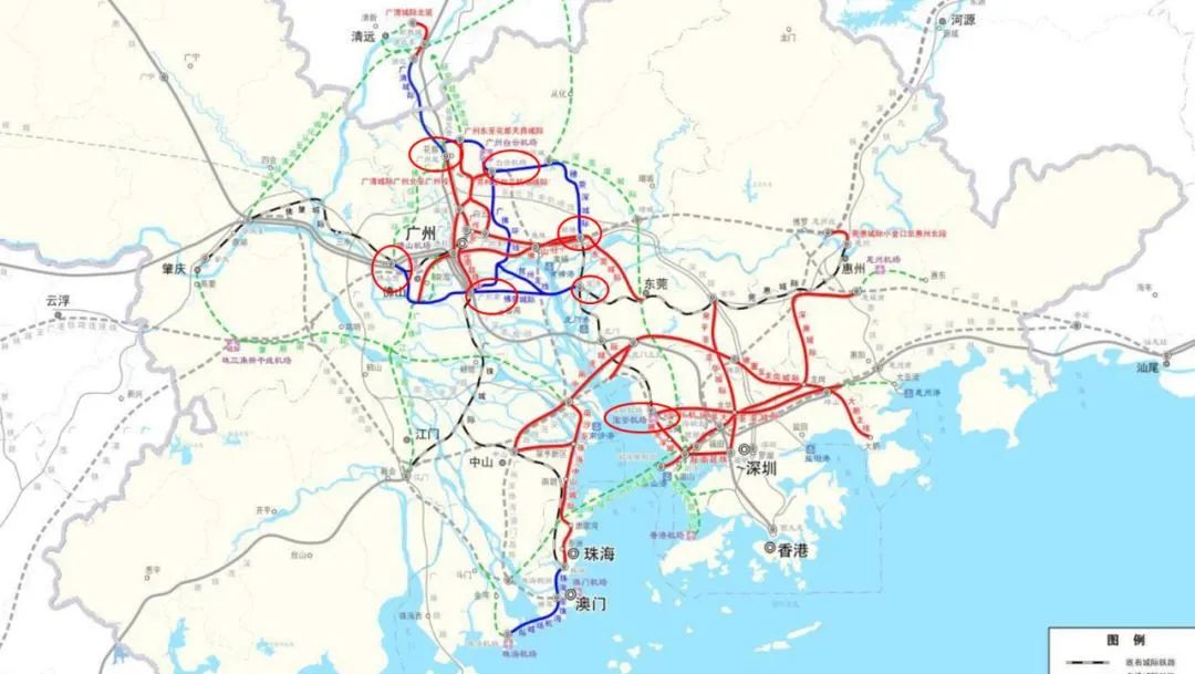 穗莞深城际等线路,在大湾区内形成"一横一纵"的城轨脉络,连接起广州