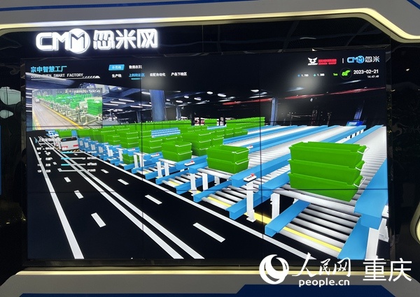 大屏上实时显示了宗申智慧工厂生产线的情况。人民网 胡虹摄