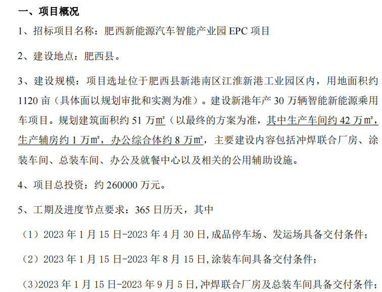 图片来源：肥西新能源汽车智能产业园EPC项目招标文件截图