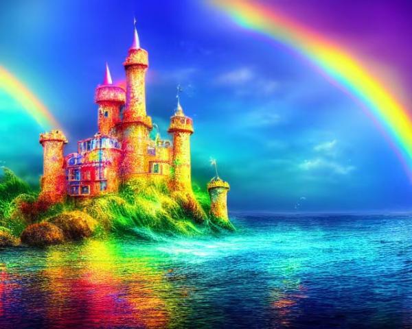 补充细节后的海边城堡和彩虹图片