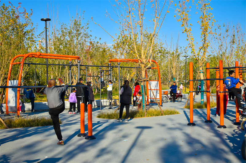 市民朋友在由中铁十六局一公司修建的南堤带状公园内休闲晨练.