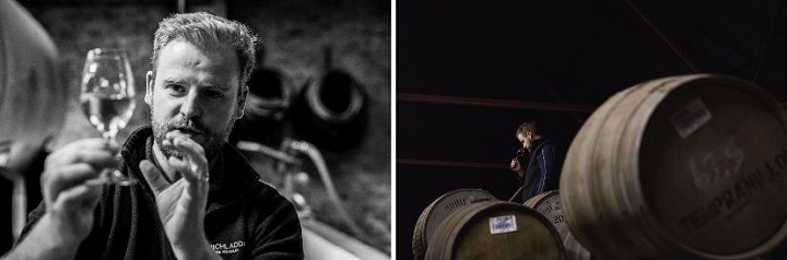 　　图6：布赫拉迪先锋酒厂首席酿酒师亚当?汉内特在酒窖中寻觅历经时间陈酿的不凡味道