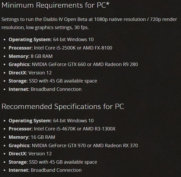 公测：《暗黑破坏神4》Beta测试系统需求