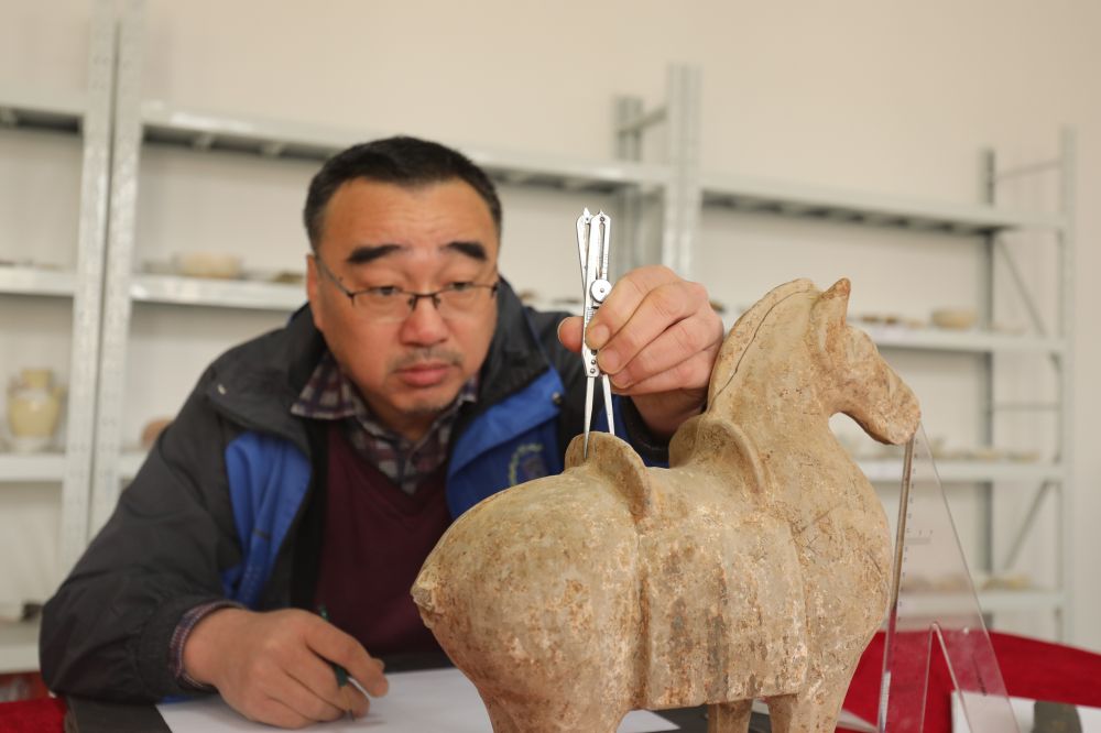 考古人员在研究出土不久的陶马。新华社记者 赵鸿宇摄