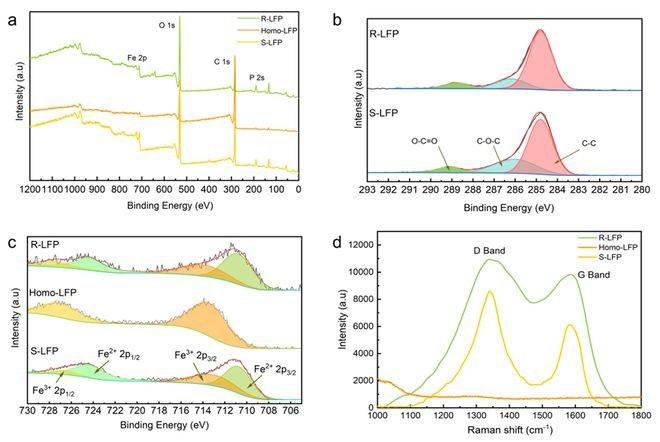 　　图3. 样品的XPS和拉曼光谱。(a) 样品的XPS全谱;(b) C 1s和 (c) Fe 2p的精细谱;(d)样品拉曼光谱