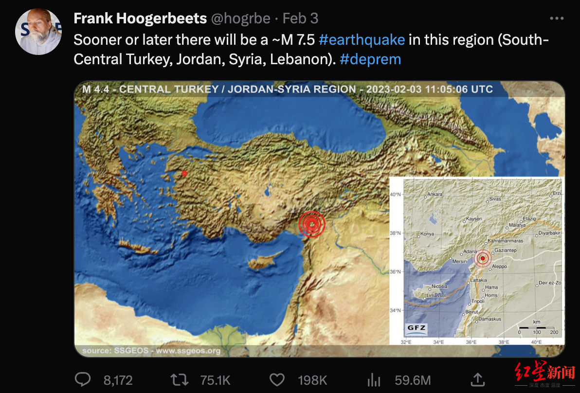 ↑弗兰克·霍格贝茨曾在土耳其强震发生前的2月3日发文预测，该地区可能发生地震