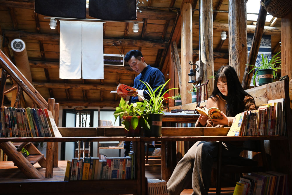 游客在柞水县阳坡院子的民宿书吧阅读(3月3日摄).