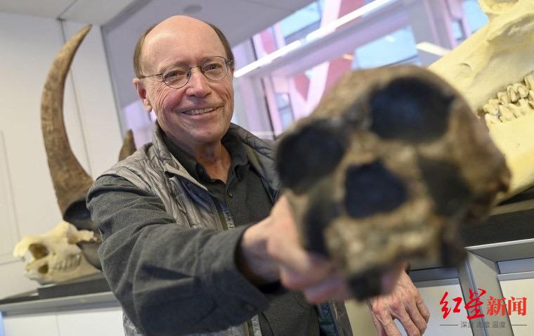 ↑怀特举起一个170万年前直立人头骨的复制品