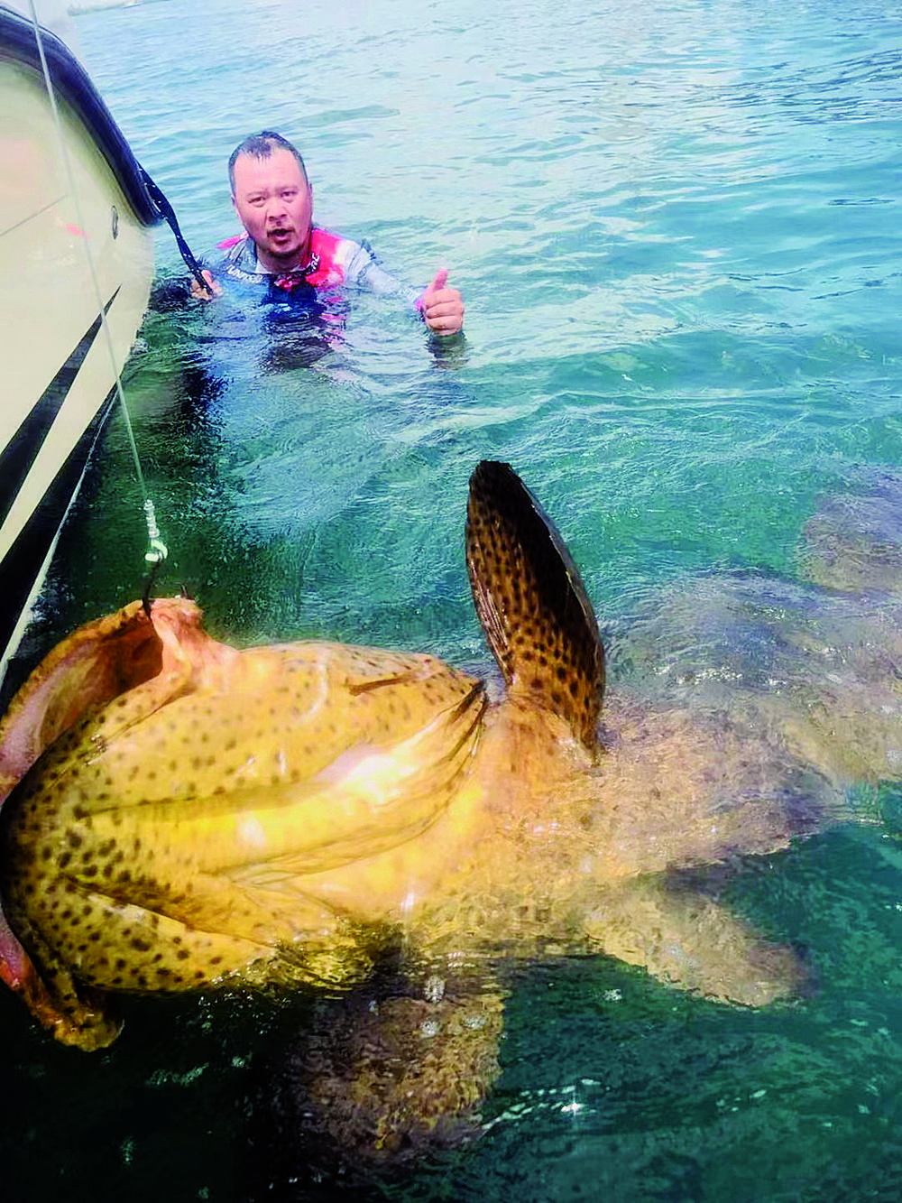 钓起150公斤龙趸石斑鱼,唐复学激动地跳进海中.