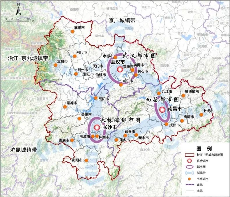 长江中游城市群空间格局示意图 图片来源：《长江中游城市群发展“十四五”实施方案》