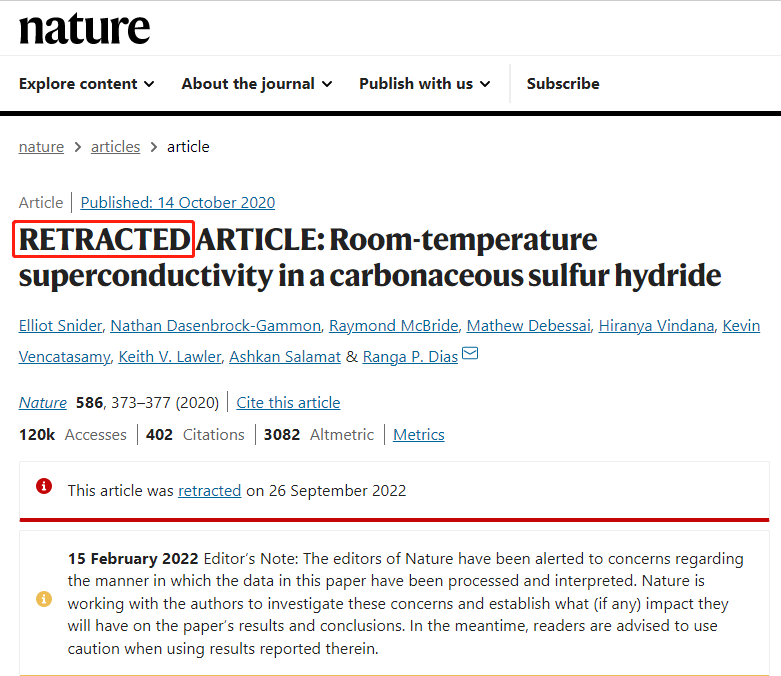 Dias所在团队的论文于2022年9月26日被《自然》撤稿（图片来源：《自然》杂志）