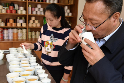 　　江元勋(右)在评审“金骏眉”红茶