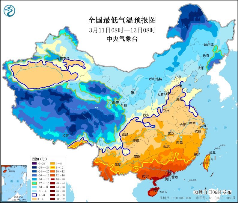 图2&nbsp;全国最低气温预报图(3月11日08时-13日08时)