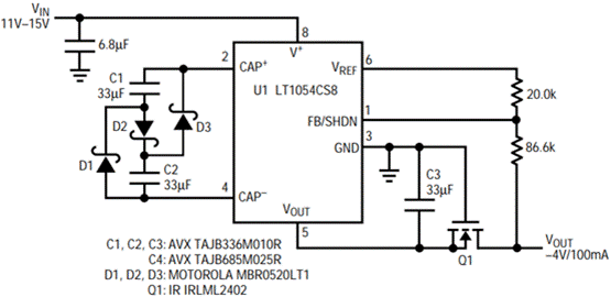 图5.该电路将12V转换为–4V。63mA输出电流只需要100mA的输入电流。