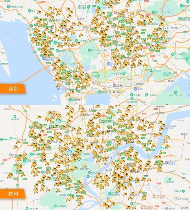 　　嘟嘟换电在深圳、杭州换电网点、换电车辆分布示意图