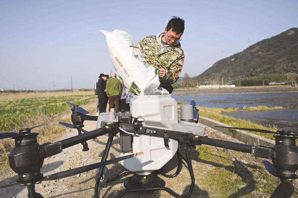 在浙江省宁波市奉化区西坞街道四维村,种粮户将肥料倒入植保无人机的