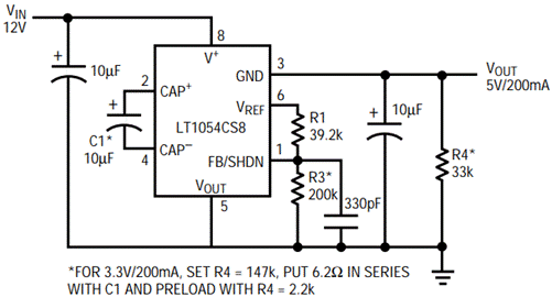 图3.该开关电容稳压器使输入和输出之间的电流加倍，从而提高效率并消除对散热器的需求。