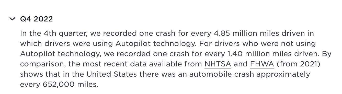 特斯拉：特斯拉2022 年 Q4 安全报告 Autopilot 有效降低车祸发生率
