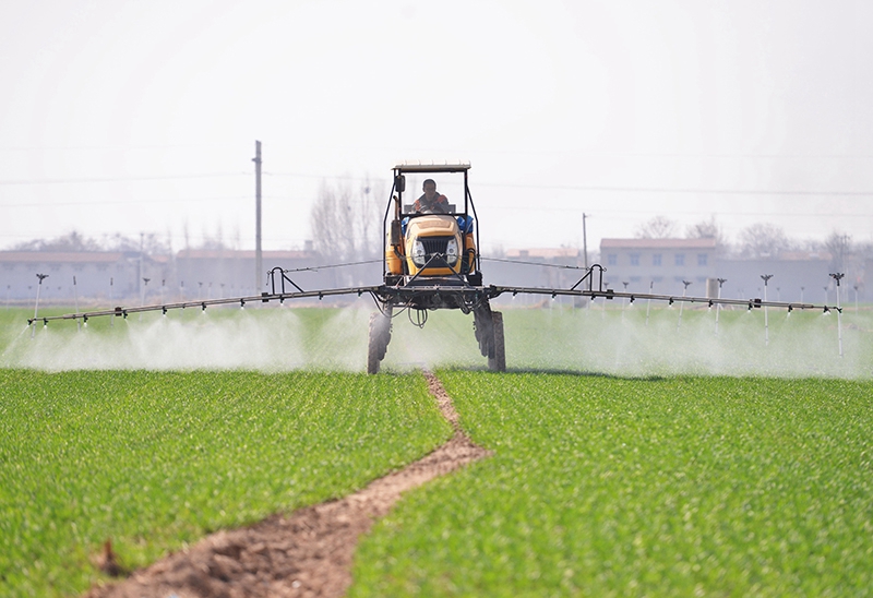 槐树镇北白水村一家农业合作社的社员在操作机械设备给冬小麦喷洒农药