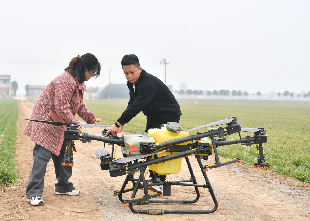 　　在陕西省宝鸡市陈仓区慕仪镇齐西村的农田，齐叶叶（左）与齐昆调试植保无人机（2023年2月27日摄）。新华社记者 张博文 摄