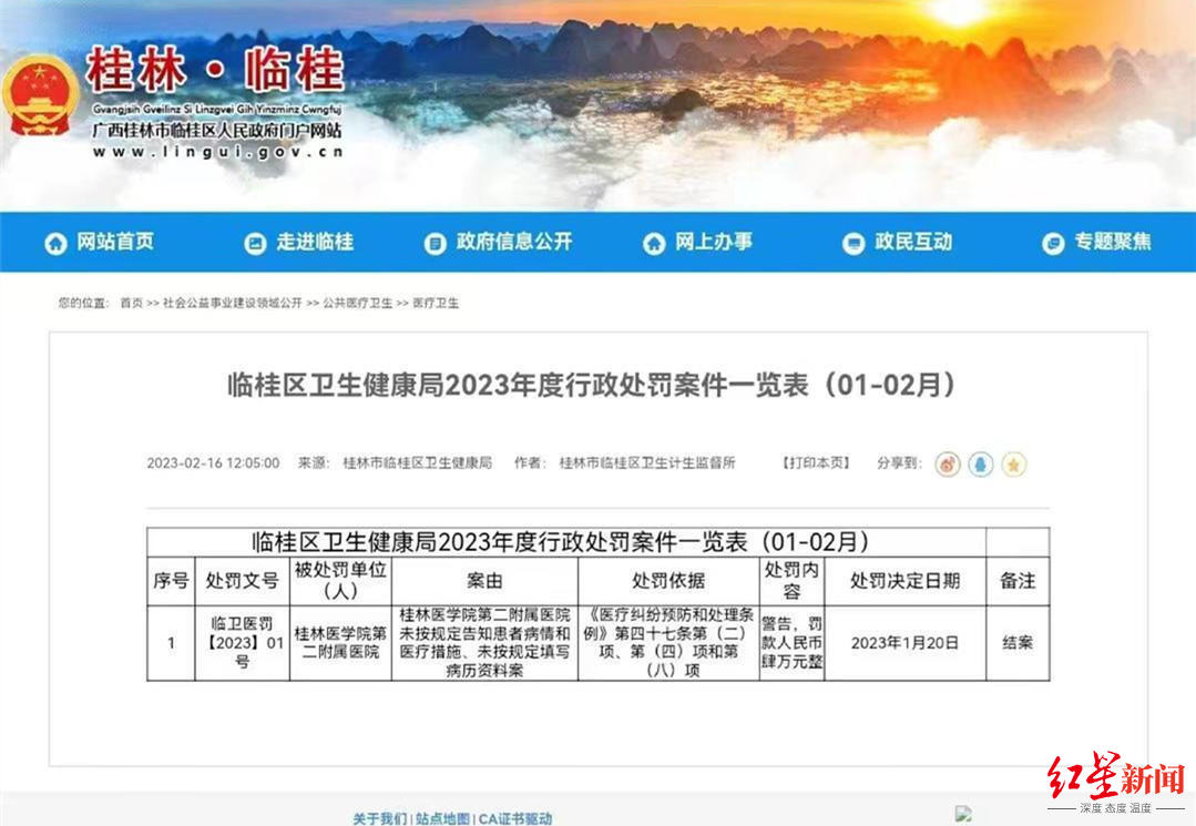 ↑桂医二附院被处罚信息。图据临桂区政府官网