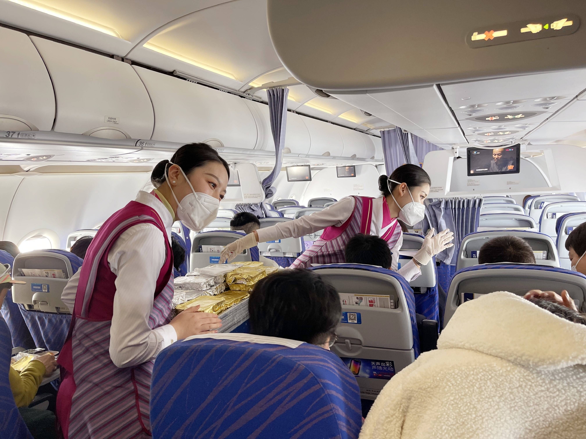 南航乘务员向旅客提供餐食.受访者供图