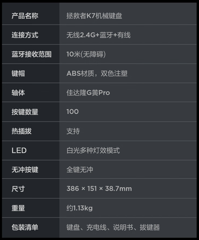 联想拯救者 k7 机械键盘 2023 款发布:佳达隆 g 黄 pro 轴,三模连接