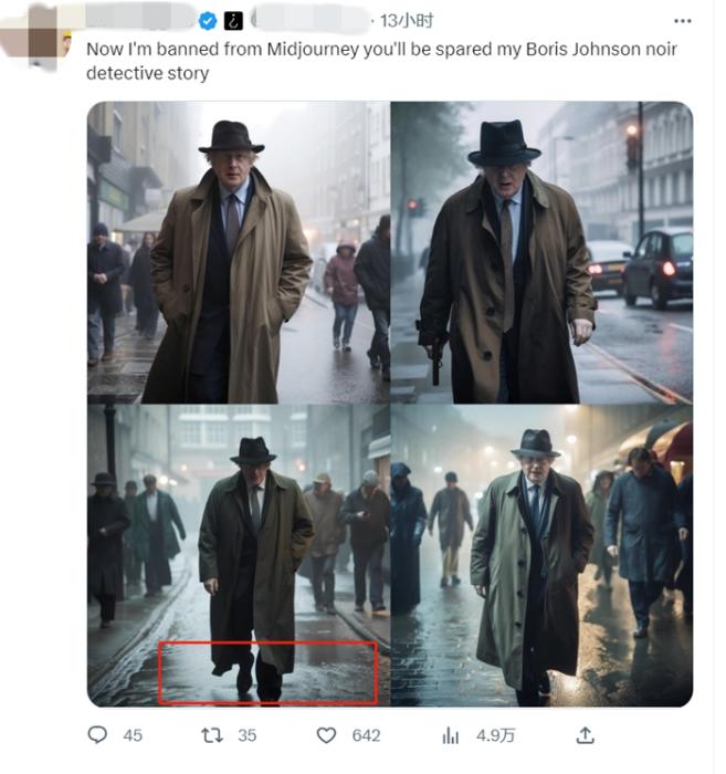 AI生成人物两条腿粗细有差异，看起来并不自然。海外社交平台截图