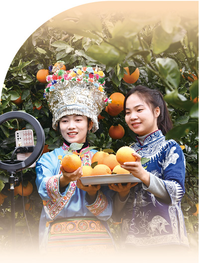 农产品销售主播在贵州省榕江县平江镇一处脐橙种植基地直播推销脐橙。