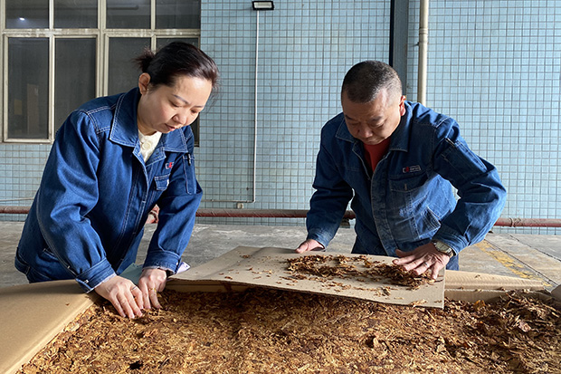 图为原料物资科员工正在进行入库烟叶检查近日,贵州中烟遵义卷烟厂"把