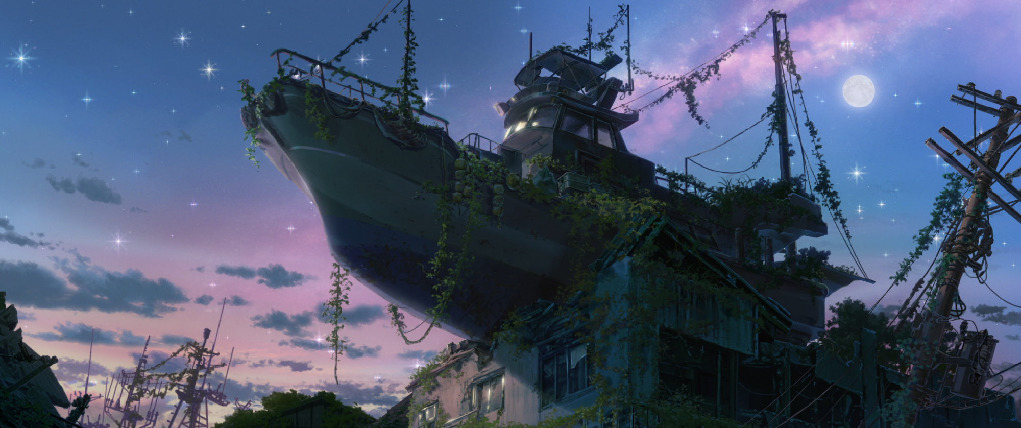 电影中还原了船被海啸冲上房顶的画面 图片来源:微博@电影铃芽之旅(上