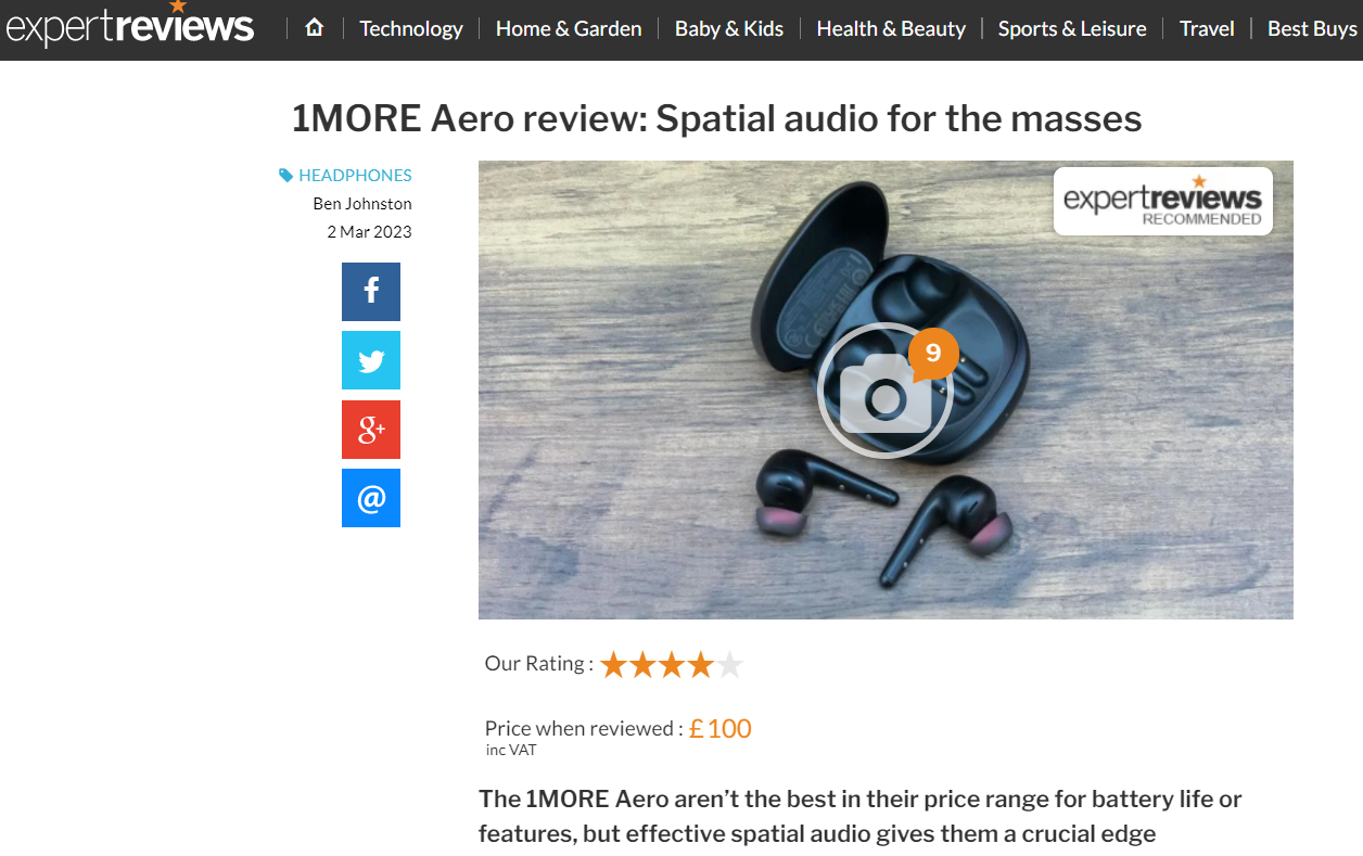 　　(消费者媒体《Expert Reviews》测评1MORE Aero)