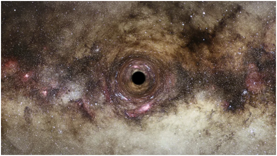 ↑艺术家借助哈勃太空望远镜图像合成的超大黑洞示意图 据皇家天文学会