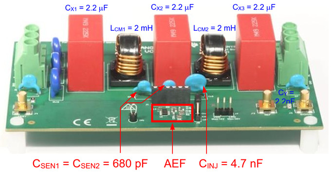图 4：使用 AEF（额定电流为 10A）的单相滤波器评估板