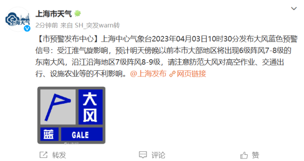 市天气图上海中心气象台2023年04月03日10时30分发布大风蓝色预警信号