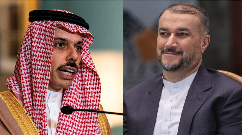 沙特外交大臣（左）与伊朗外长（右）通电话。（图源：伊朗英语电视台）